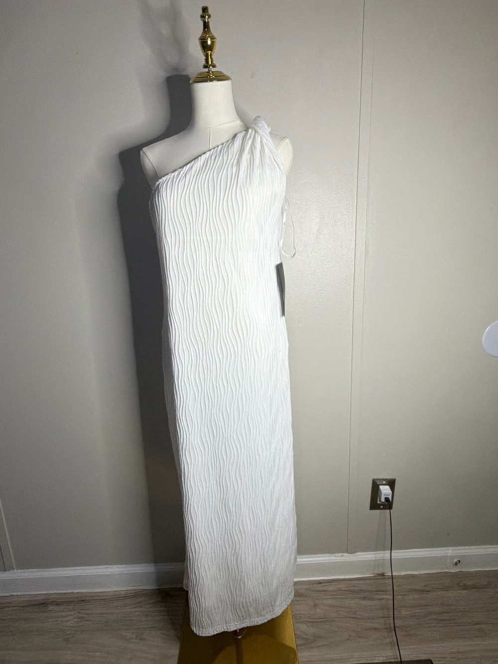 Lulu's One-Shoulder White Textured Column Maxi Dress
